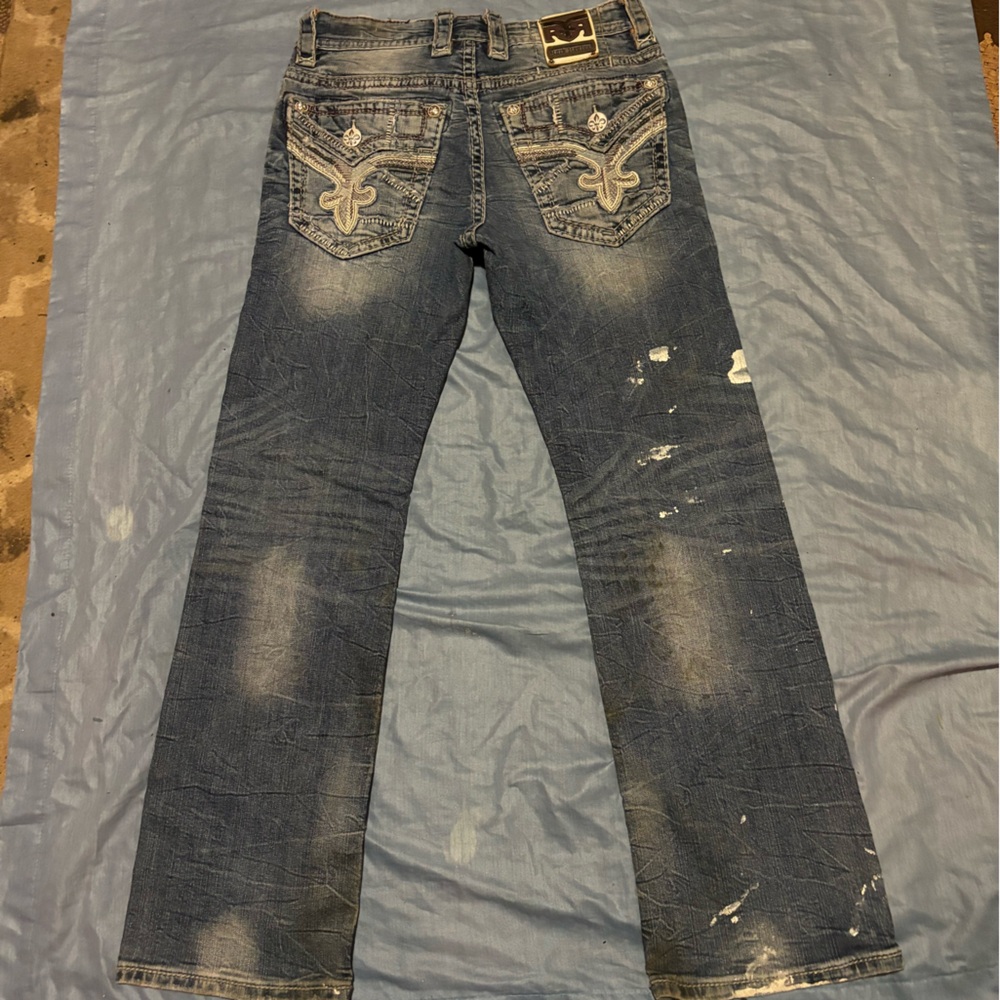 Rock revival jeans, size 30 insane 31 fading paint patches distressed nice look